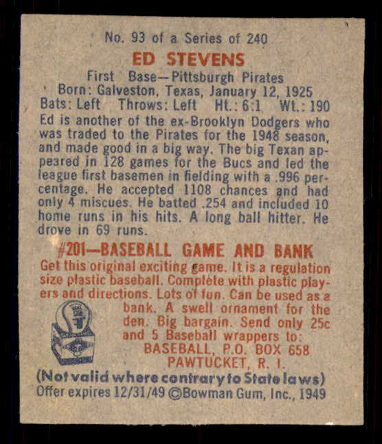 1949 Bowman Baseball #093 Ed Stevens Pirates NR-MT 548974