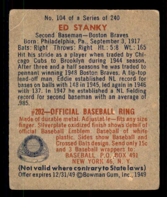 1949 Bowman Baseball #104 Ed Stanky Braves VG-EX 548984