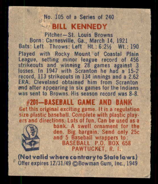 1949 Bowman Baseball #105 Bill Kennedy Browns NR-MT 548985