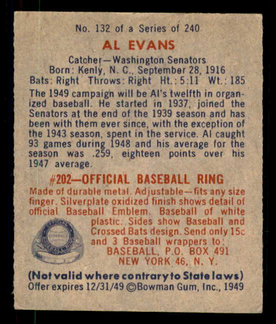 1949 Bowman Baseball #132 Al Evans Senators EX Print 549009