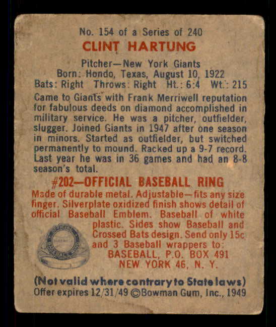 1949 Bowman Baseball #154 Clint Hartung Giants VG-EX 549030