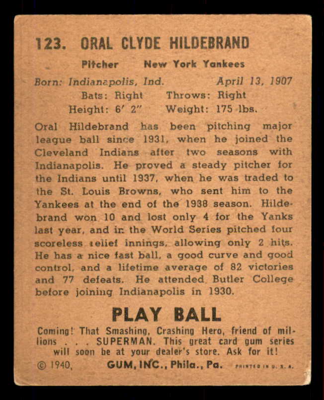 1940 Play Ball #123 Oral Hildebrand Yankees VG-EX 549291