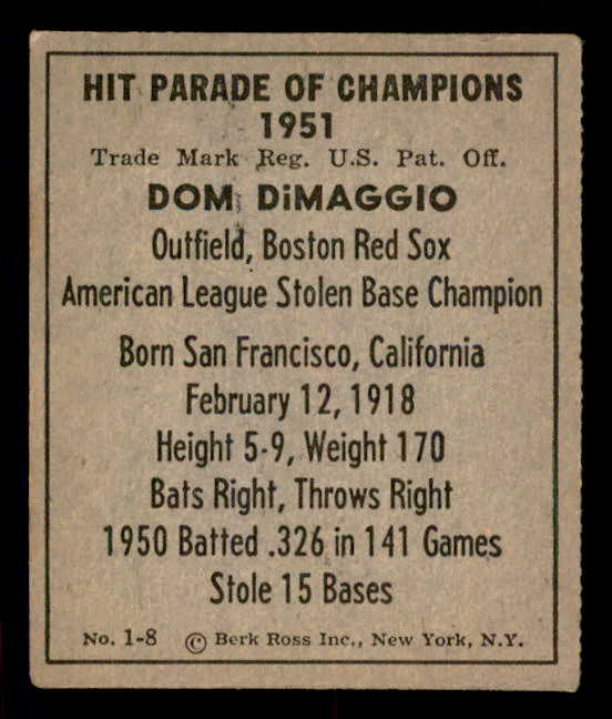 1951 Berk Ross #001-8 Dom DiMaggio Red Sox EX 549312