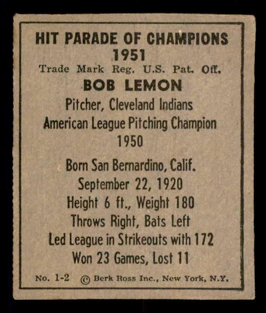 1951 Berk Ross #001-2 Bob Lemon Indians VG-EX 549315