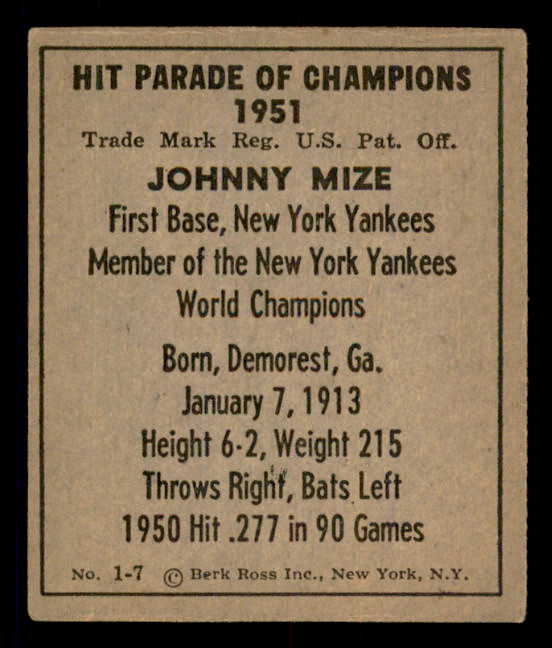 1951 Berk Ross #001-7 Johnny Mize Yankees EX 549316