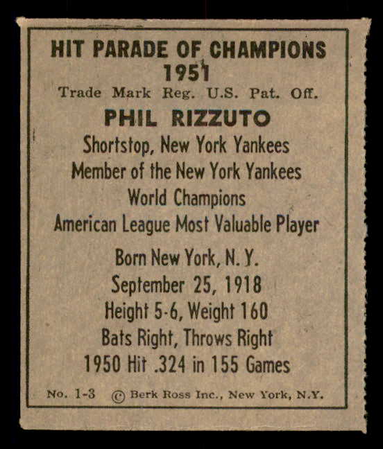 1951 Berk Ross #001-3 Phil Rizzuto Yankees EX 549318