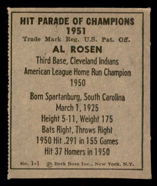 1951 Berk Ross #001-1 Al Rosen Indians EX 549322