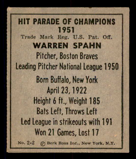 1951 Berk Ross #002-2 Warren Spahn Braves EX 549324