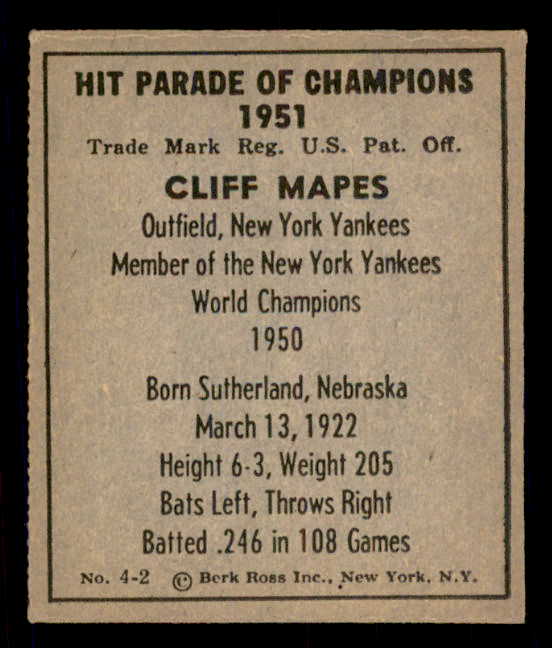 1951 Berk Ross #004-2 Cliff Mapes Yankees NR-MT 549325