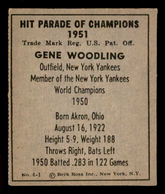 1951 Berk Ross #004-1 Gene Woodling Yankees NR-MT 549326