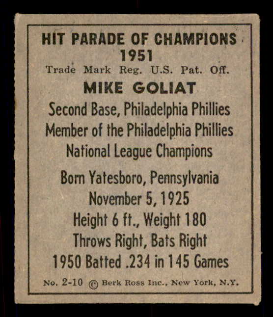 1951 Berk Ross #002-10 Mike Goliat Phillies EX 549328
