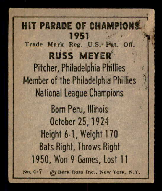 1951 Berk Ross #004-7 Russ Meyer Phillies EX 549335