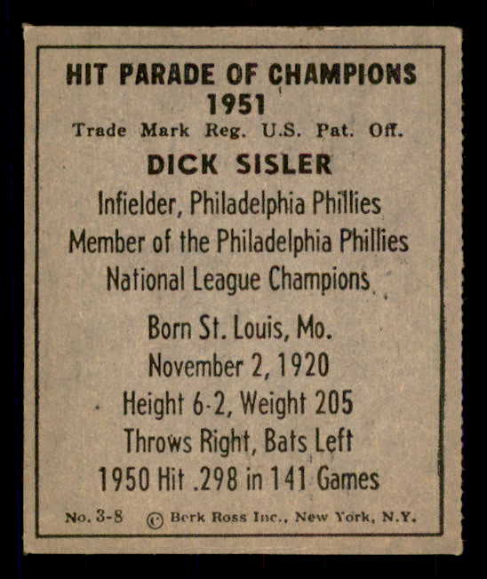 1951 Berk Ross #003-8 Dick Sisler Phillies EX 549340