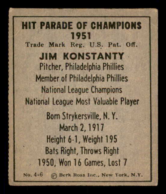 1951 Berk Ross #004-6 Jim Konstanty Phillies EX 549346