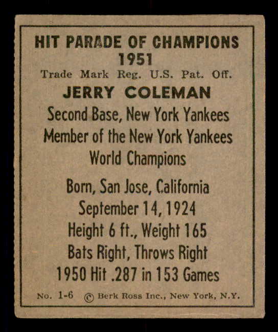 1951 Berk Ross #001-6 Jerry Coleman Yankees VG-EX 549352