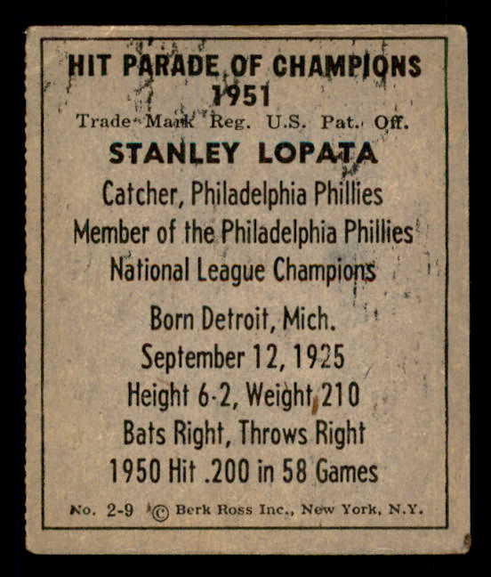 1951 Berk Ross #002-9 Stan Lopata Phillies VG-EX 549354