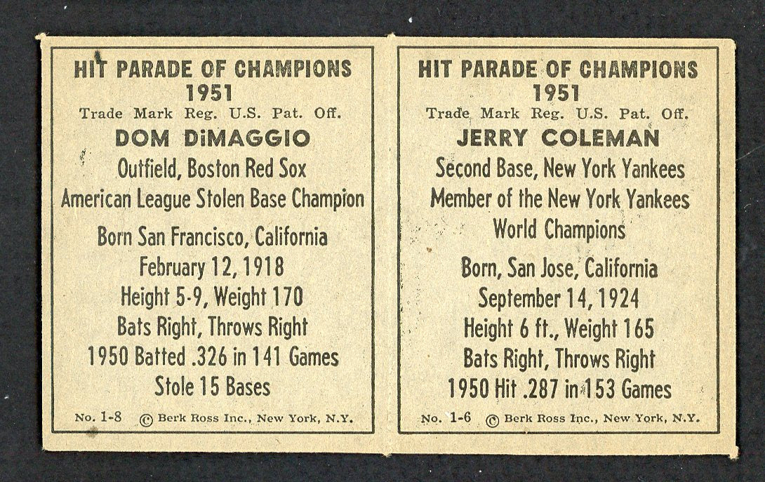 1951 Berk Ross Panel Jerry Coleman Dom DiMaggio EX-MT 549390
