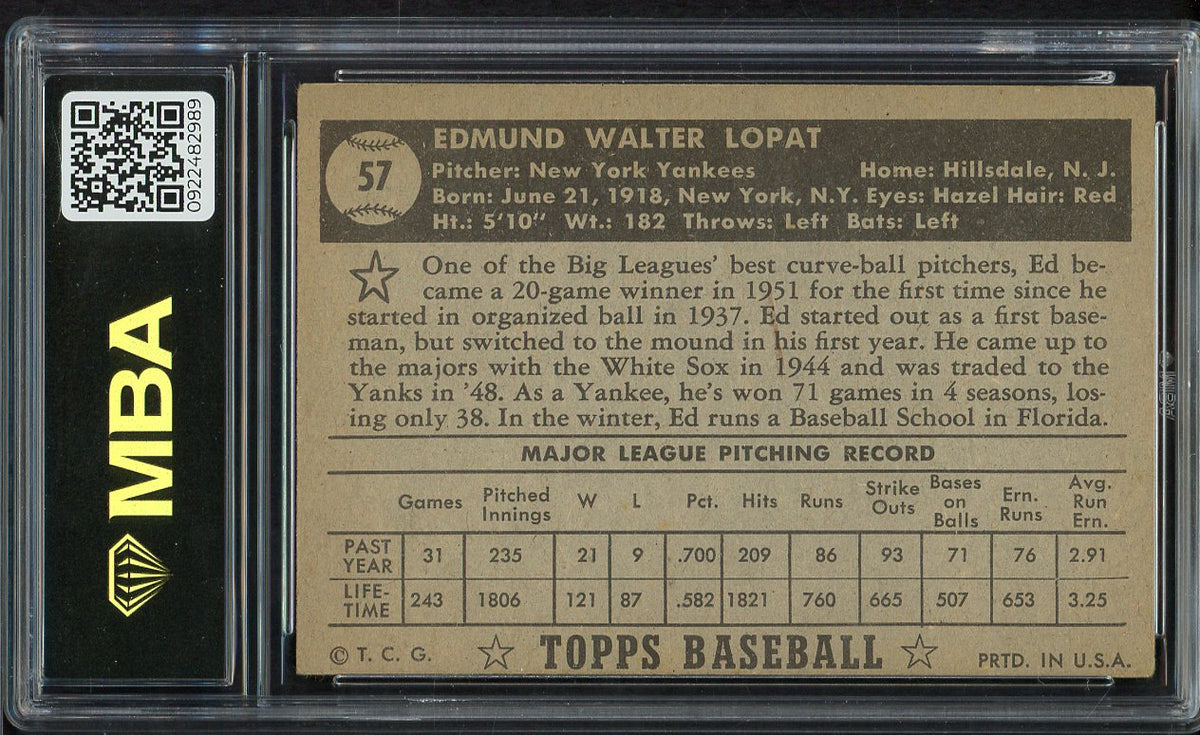 1952 Topps Baseball #057 Eddie Lopat Yankees MBA 5 EX Black 549727