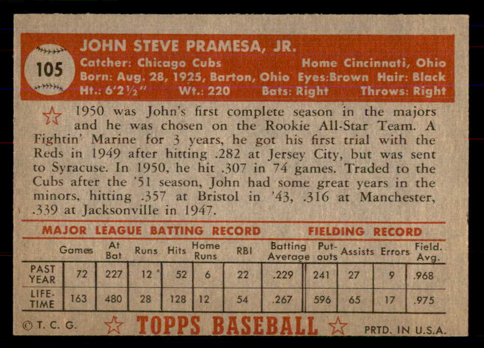 1952 Topps Baseball #105 John Pramesa Cubs NR-MT 549741