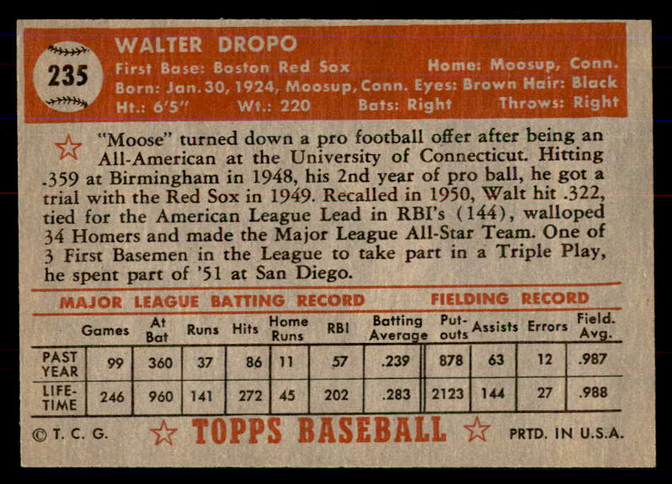 1952 Topps Baseball #235 Walt Dropo Red Sox NR-MT 549743