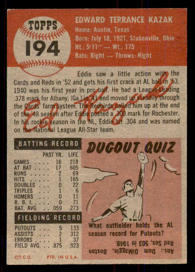 1953 Topps Baseball #194 Eddie Kazak Tigers NR-MT 549780