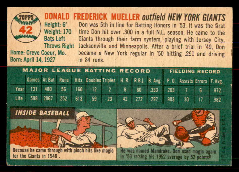 1954 Topps Baseball #042 Don Mueller Giants NR-MT 549792