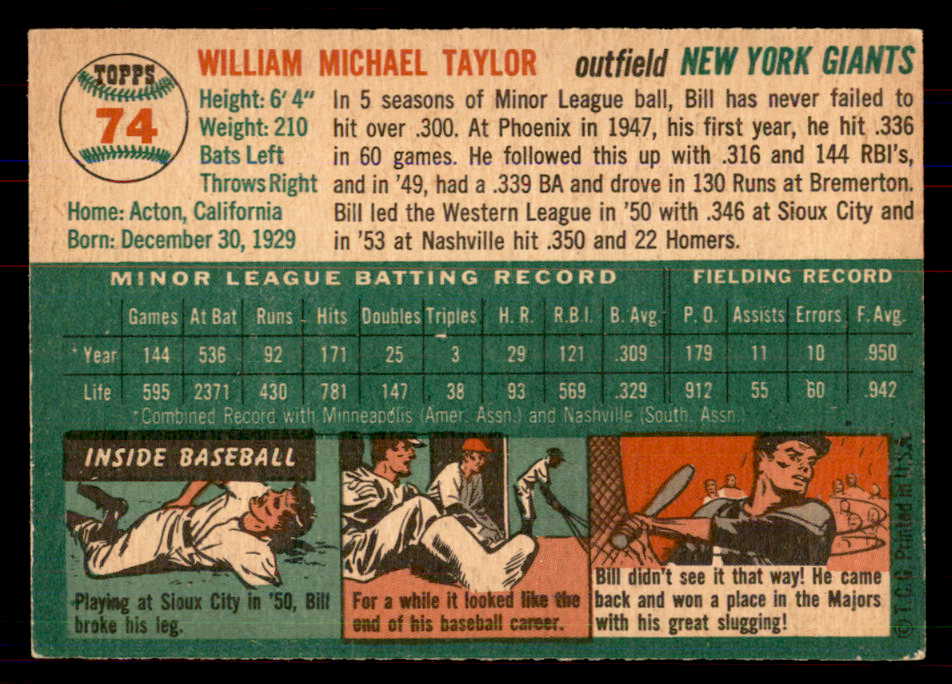 1954 Topps Baseball #074 Bill Taylor Giants NR-MT 549802