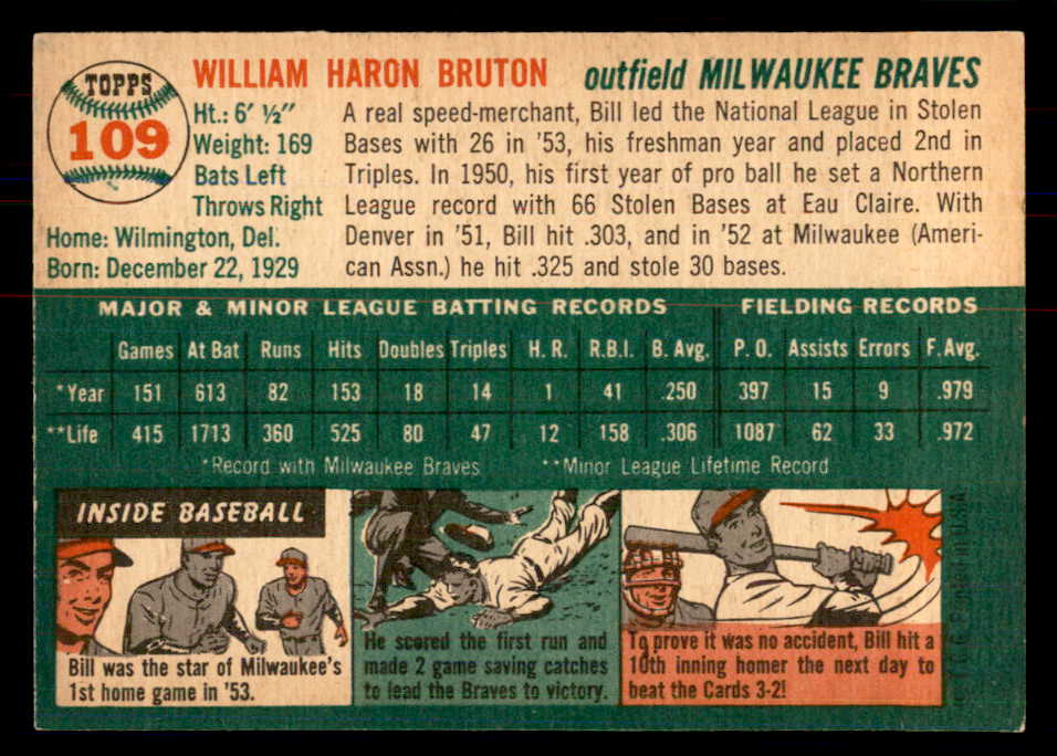 1954 Topps Baseball #109 Bill Bruton Braves NR-MT 549809