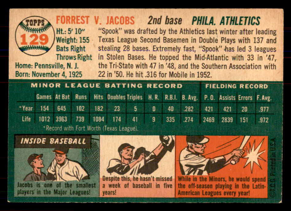 1954 Topps Baseball #129 Spook Jacobs A's NR-MT 549814