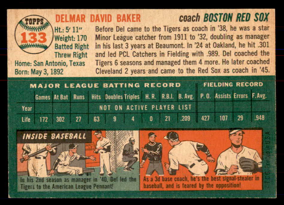 1954 Topps Baseball #133 Del Baker Red Sox NR-MT 549816