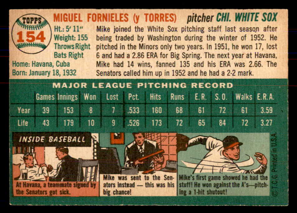 1954 Topps Baseball #154 Mike Fornieles White Sox NR-MT 549821