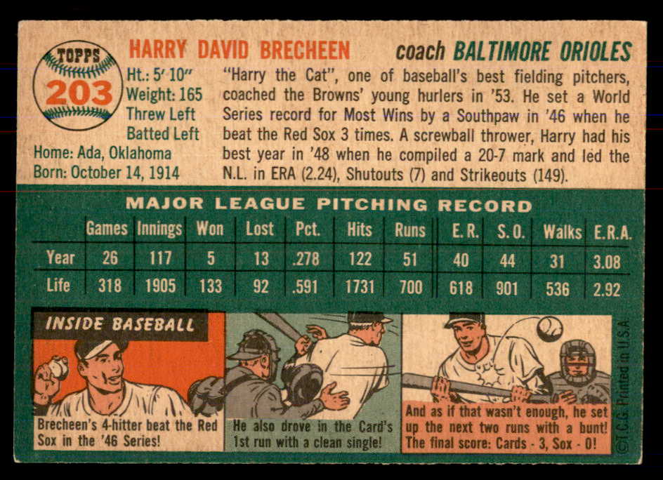 1954 Topps Baseball #203 Harry Brecheen Orioles NR-MT 549836