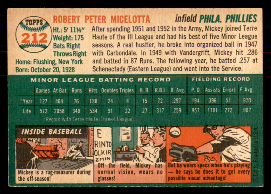 1954 Topps Baseball #212 Mickey Micelotta Phillies NR-MT 549837