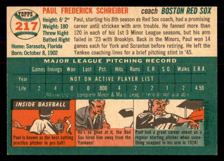 1954 Topps Baseball #217 Paul Schreiber Red Sox NR-MT 549840