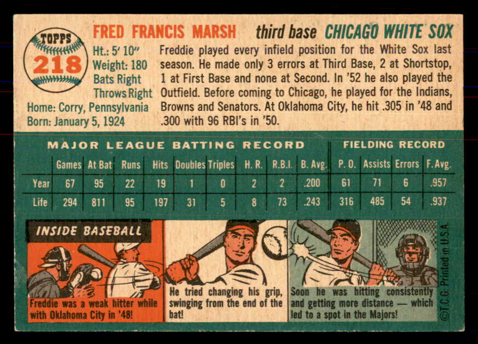 1954 Topps Baseball #218 Fred Marsh White Sox NR-MT 549841