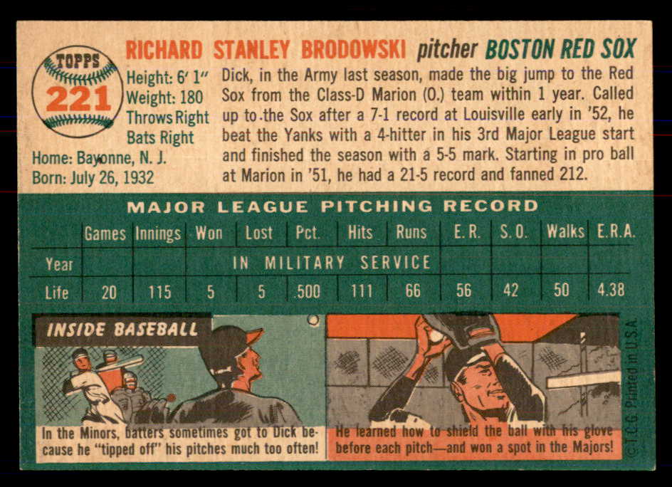 1954 Topps Baseball #221 Dick Brodowski Red Sox NR-MT 549843