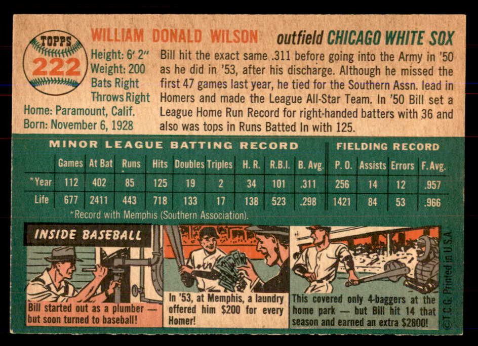 1954 Topps Baseball #222 Bill Wilson White Sox NR-MT 549844