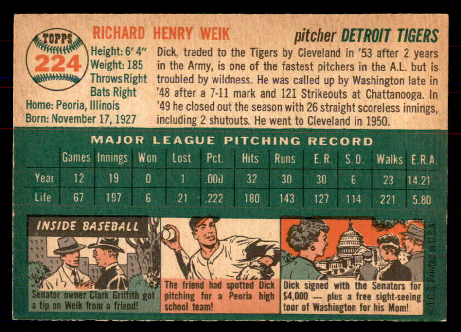1954 Topps Baseball #224 Dick Weik Tigers NR-MT 549846