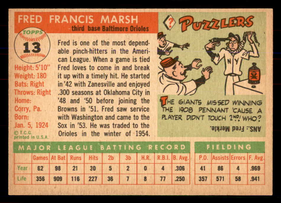 1955 Topps Baseball #013 Fred Marsh Orioles NR-MT 549856