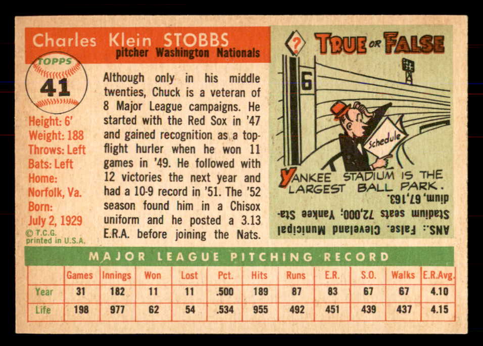 1955 Topps Baseball #041 Chuck Stobbs Senators NR-MT 549865