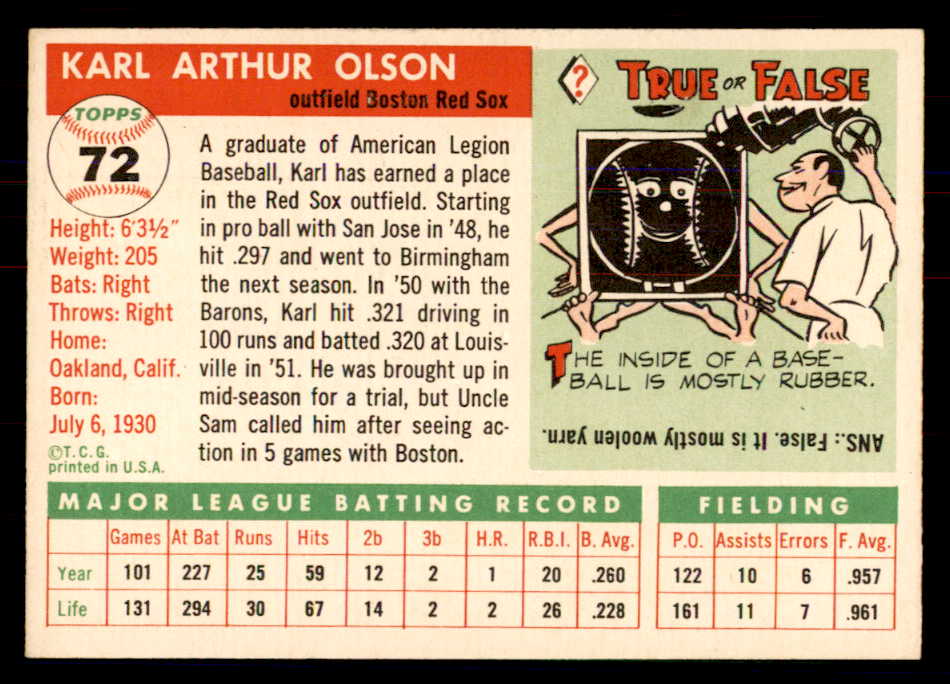 1955 Topps Baseball #072 Karl Olson Red Sox NR-MT 549873