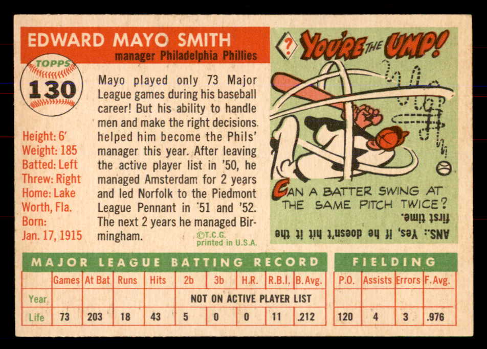 1955 Topps Baseball #130 Mayo Smith Phillies NR-MT 549896