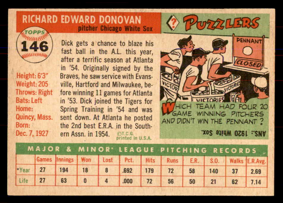 1955 Topps Baseball #146 Dick Donovan White Sox NR-MT 549901