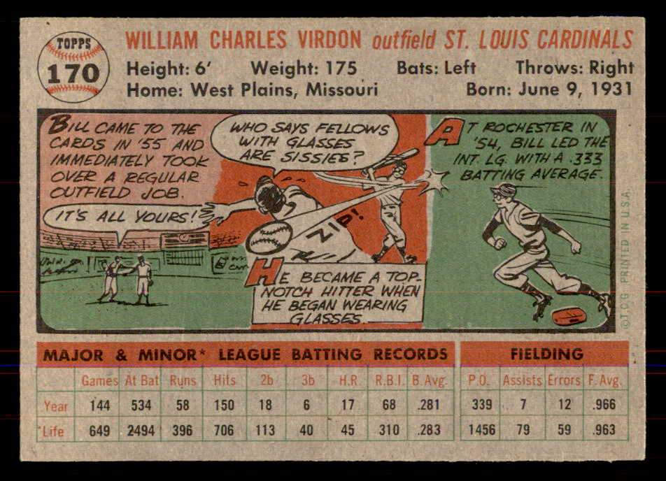 1956 Topps Baseball #170 Bill Virdon Cardinals NR-MT Gray 549970