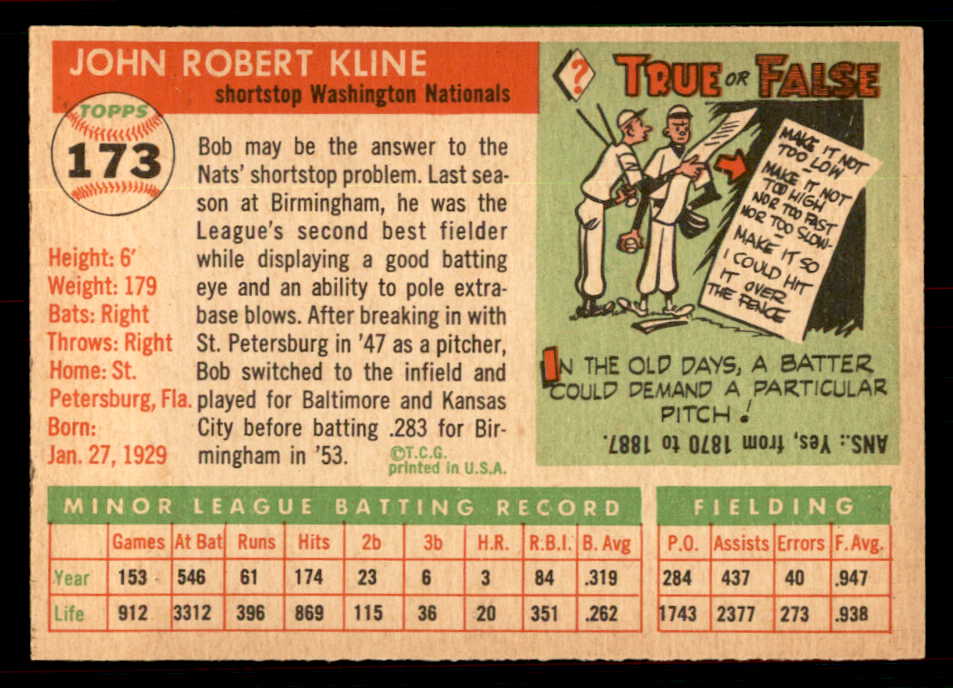 1955 Topps Baseball #173 Bob Kline Senators EX-MT 550092
