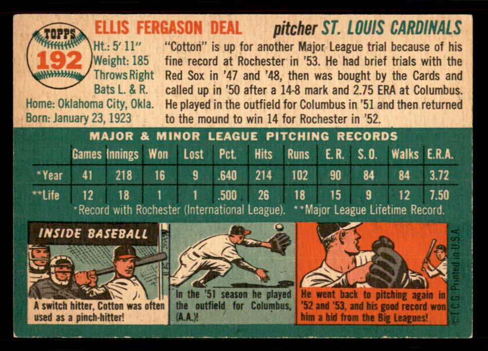 1954 Topps Baseball #192 Cot Deal Cardinals EX-MT 550109