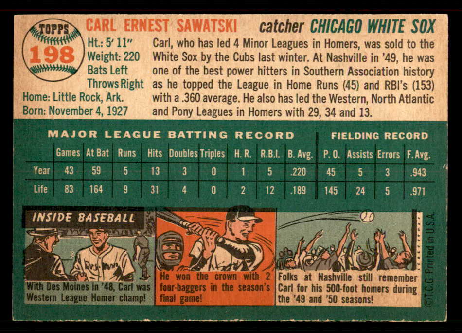 1954 Topps Baseball #198 Carl Sawatski White Sox EX-MT 550110
