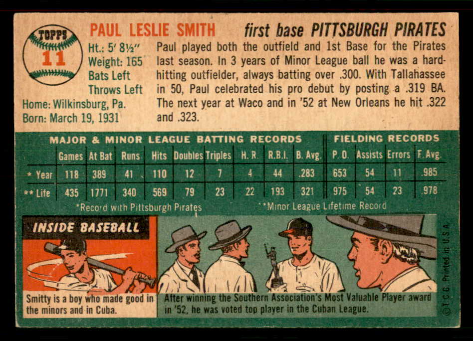 1954 Topps Baseball #011 Paul Smith Pirates EX-MT 550111