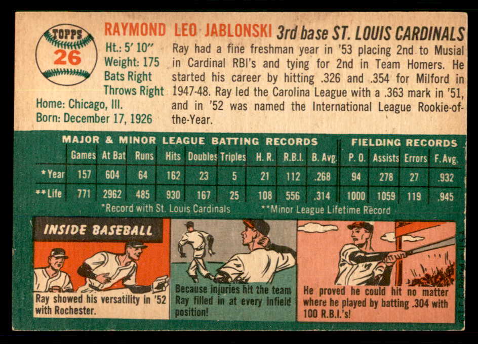 1954 Topps Baseball #026 Ray Jablonski Cardinals EX-MT 550118
