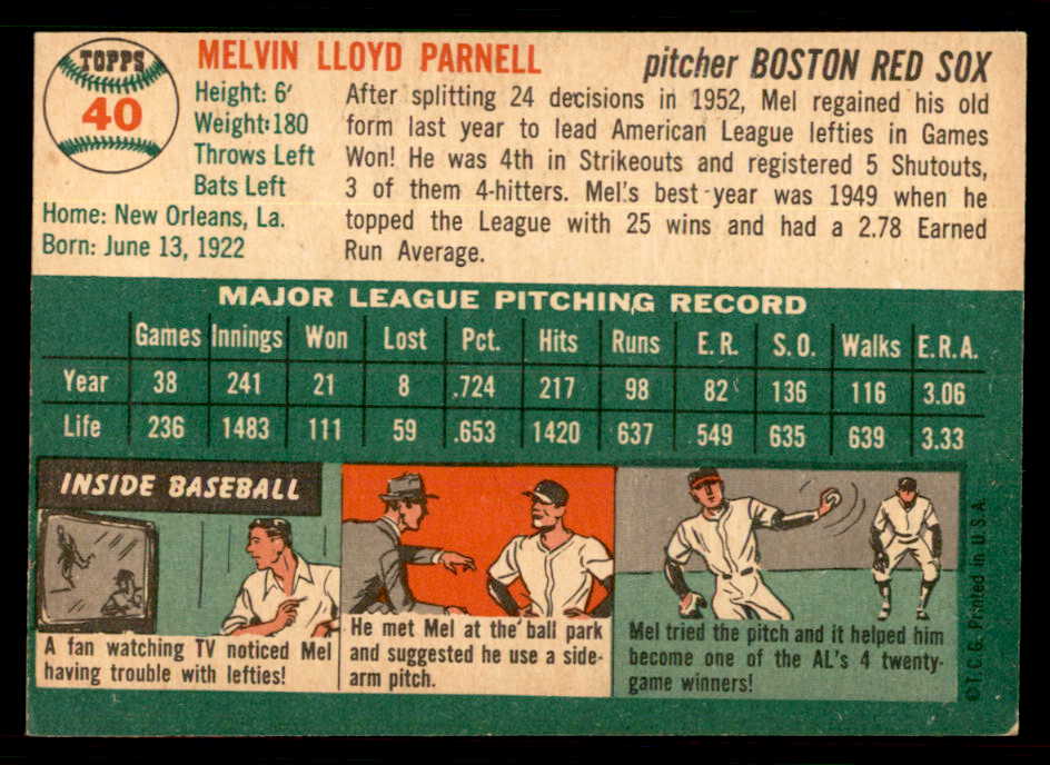 1954 Topps Baseball #040 Mel Parnell Red Sox EX-MT 550123